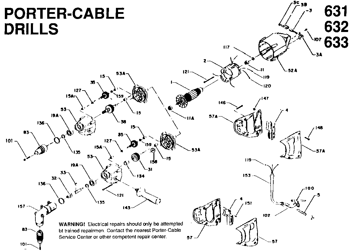 Default Diagram and Parts List for J-632 Type 2 Porter Cable Boring Machine